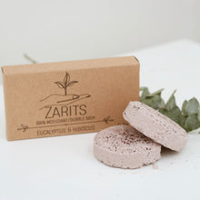 Load image into Gallery viewer, Boîte ZARITS et galets de bain moussant ronds, eucalyptus & hibiscus