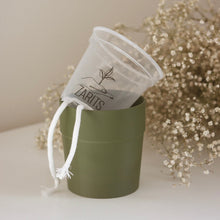 Charger l'image dans la galerie, Cache-pot kaki avec sac en toile blanche et cordon, motif floral
