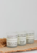 Charger l'image dans la galerie, Trio de chandelles en pots blancs, étiquettes arômes eucalyptus, équilibre, santé &amp; vigueur
