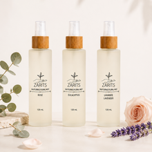 Load image into Gallery viewer, Trio de flacons d’eau florale ZARITS, bouchons bois, 3 parfums (rose, eucalyptus, lavande)
