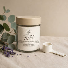 Load image into Gallery viewer, Pot en verre de vapeur de douche Lavande &amp; Eucalyptus, couvercle beige, étiquette LARITS
