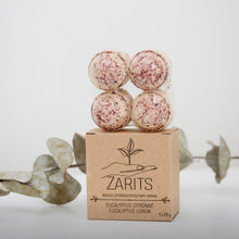 Load image into Gallery viewer, Quatre boules de bain roses sur boîte ZARITS, pétales et feuilles
