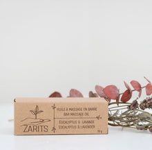 Load image into Gallery viewer, Coffret et barre de massage blanche eucalyptus &amp; lavande, avec étiquette ZARITS.
