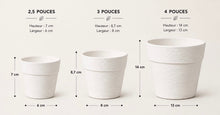 Charger l'image dans la galerie, Cache-pot texturé : schéma des dimensions (2,5 à 4 pouces, hauteurs et largeurs).
