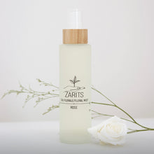 Load image into Gallery viewer, Flacon d’eau florale de rose, capuchon en bois, étiquette ZARTIS sur flacon pâle
