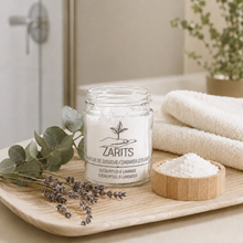 Load image into Gallery viewer, Bocal en verre pour vapeur de douche, étiquette lavande et eucalyptus, couvercle transparent
