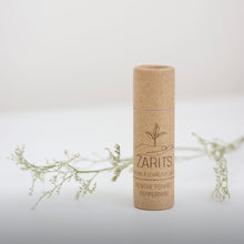Load image into Gallery viewer, Baume à lèvres naturel menthe poivrée, tube brun à capuchon blanc, étiquette ZARITS
